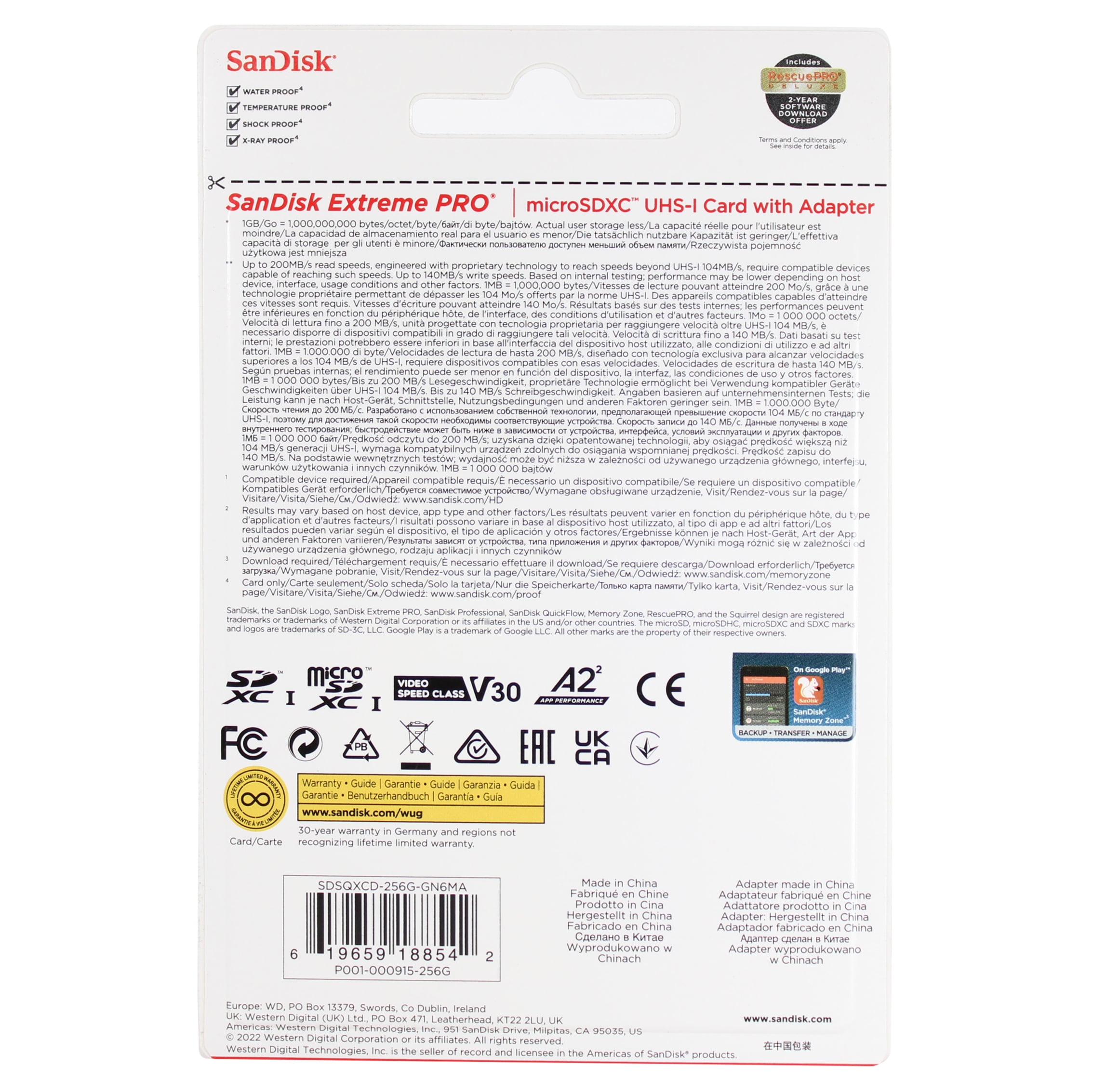 SanDisk 256GB Extreme Pro microSDXC UHS-I Memory Card - SDSQXCD-256G-GN6MA