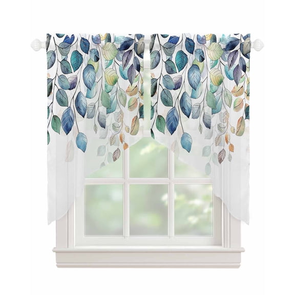 Blue Teal Botanical Swag Valances for Windows, Weeping Fall Eucalyptus Leaves Rod Pocket Sheer Valances for Small Windows, Swag Toppers Light Filtering for Kitchen Living Room 2 Panels 36''x36''