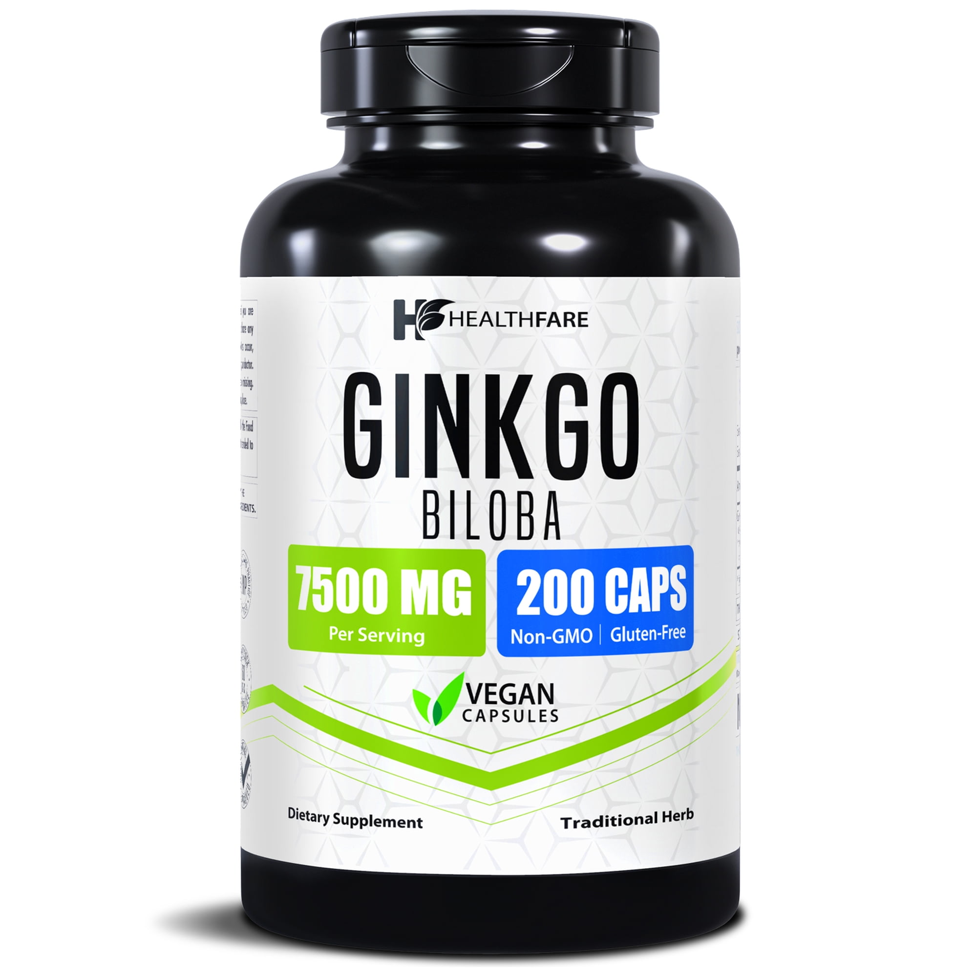 HealthFare Ginkgo Biloba Extract 7500mg | 200 Vegan Capsules | Extra Strength Standardized Herbal Supplement | Supports Brain Function, Memory & Focus | Non-GMO, Gluten-Free | Made in USA