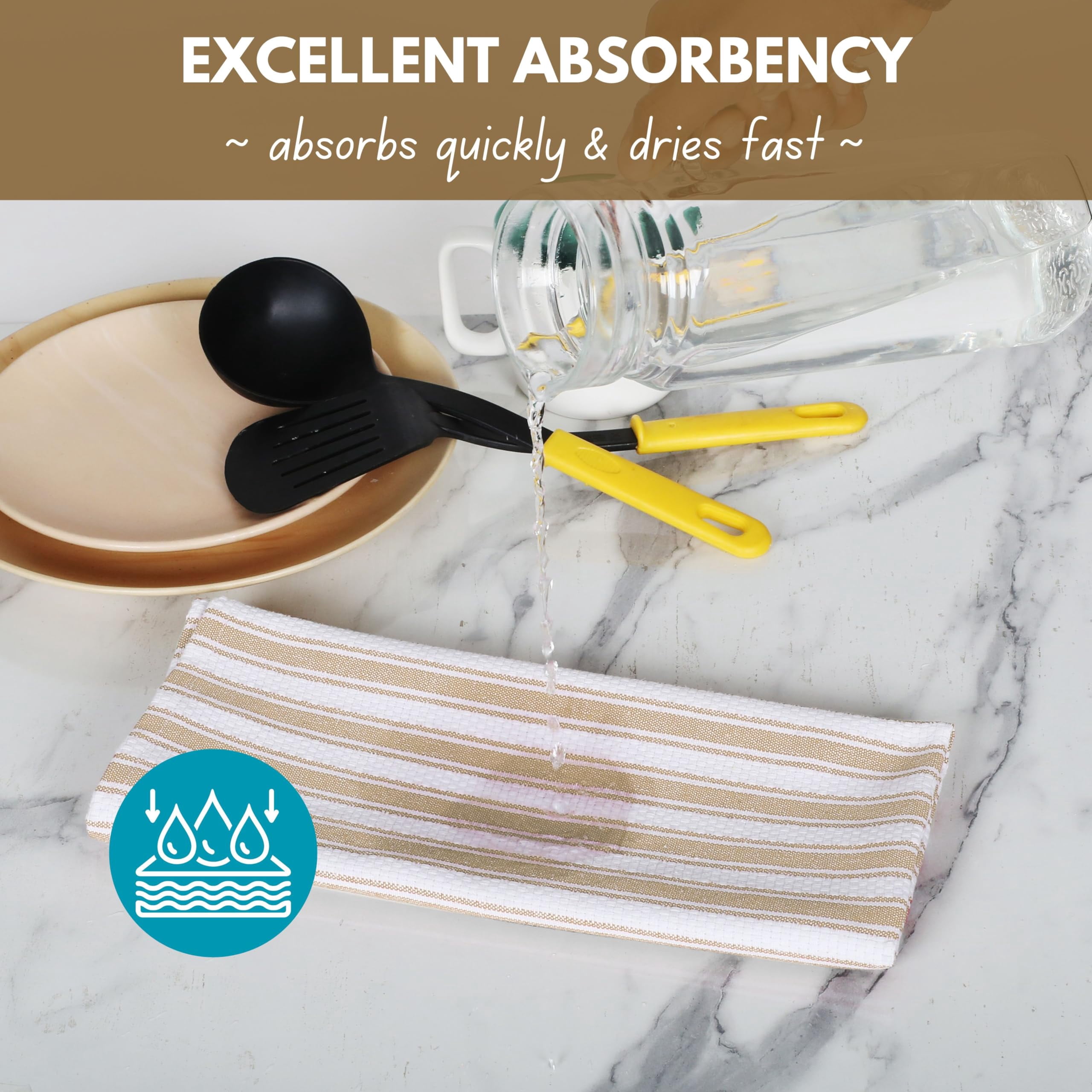 Native Fab Stripe Kitchen Towels Set of 12, 100% Cotton, 16"x26", Everyday Dish Rags for Cleaning, Beige White