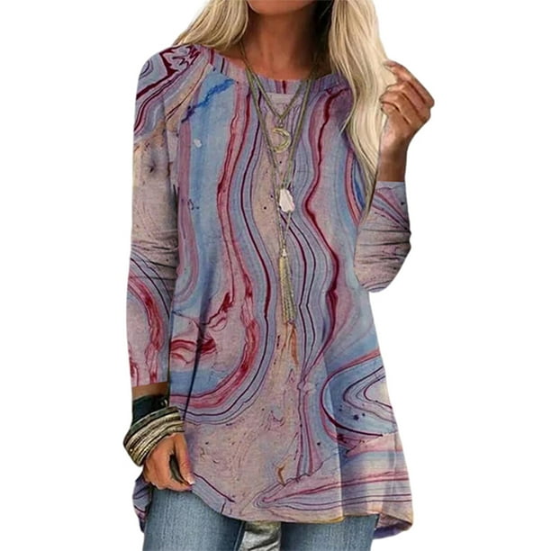 Camiseta de manga larga para mujer, camisetas holgadas con estampado abstracto, cuello redondo, informal, con dobladillo alto y bajo, longitud media