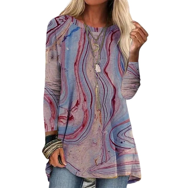 LUXUR Hauts pour Femmes T-shirt à Manches Longues T-shirt à Imprimé Abstrait T-shirt Mi-Long T-shirt Col Ras du Cou Chandail Rouge G