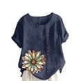 thumbnail image 2 of Aqestyerly Haut à Manches Courtes en Solde, T-Shirt Décontracté en Lin à Col Rond Imprimé pour Femmes, Coupe Confortable/marine (TTTG), 2 of 4
