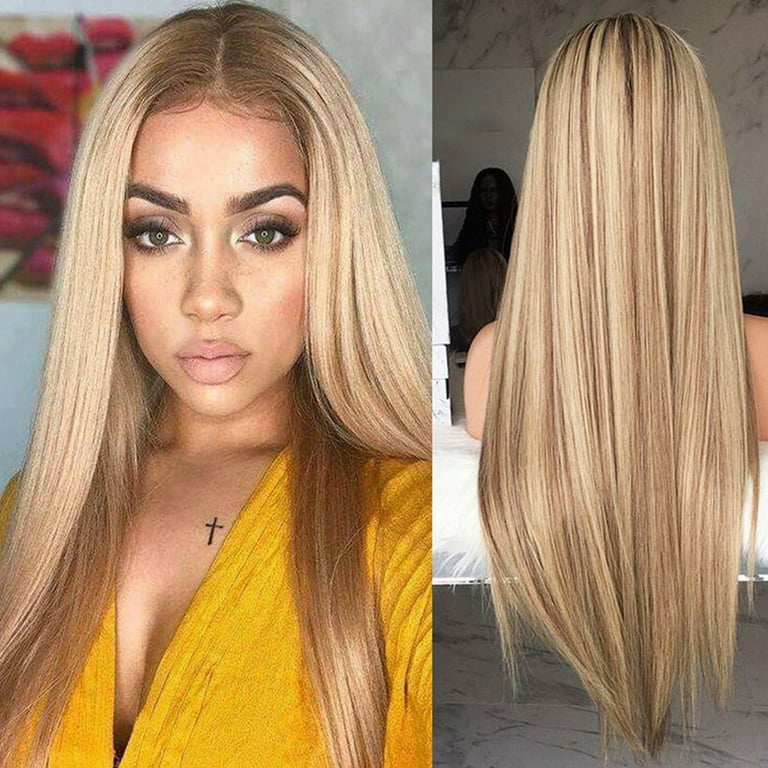 jsaierl Women's Gold Mixed Color Gradient Medium Split Long Wig 