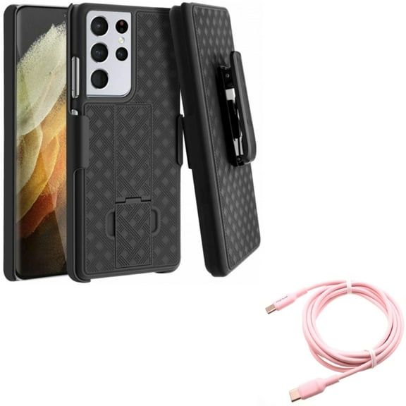 Case Belt Clip w Pink 10ft Long Cable for Samsung Galaxy S21 Ultra - Holster Swivel Cover, USB-C to Type-C PD Fast Charger Cord