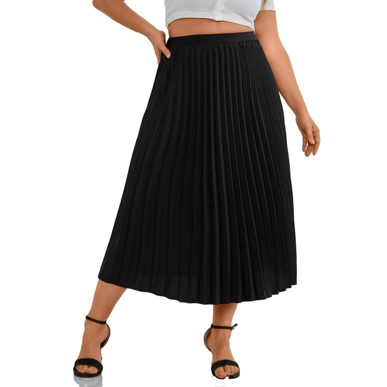 Elegant Solid Pleated Black Plus Size Skirts Women s