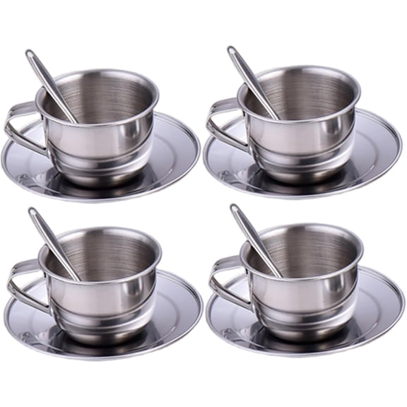 Kids Tea Set, Heat Resistant Stainless Steel Play Toy Kitchen Accessories with 4 70ml Cups Saucers and Spoons for Toddlers Girls Boys (k