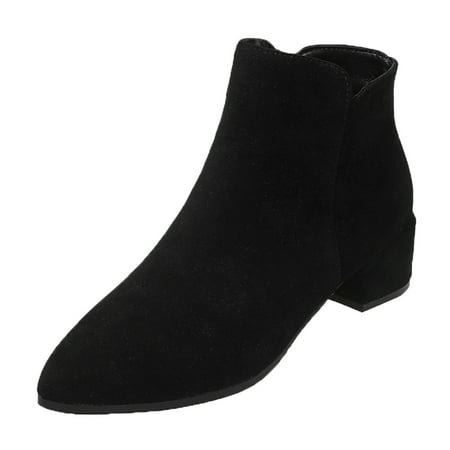 YHGFVOKJ Boots for Women Fashion Solid Color Suede Autumn Thick Sole Pull On Square Heels Zipper Short Booties Round Toe Shoes Womens Business Casual Shoes Black 39