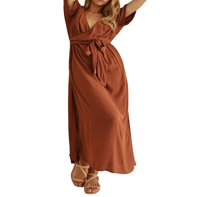 Femmes Bohème Robe Formelle Manches Courtes Robe de Soirée avec Ceinture