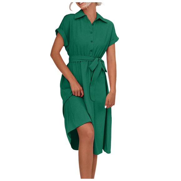 Vestido camisero midi elegante con cuello en V para mujer - Vestido informal de manga corta y largo hasta la rodilla - Atuendo de verano para fiestas de trabajo