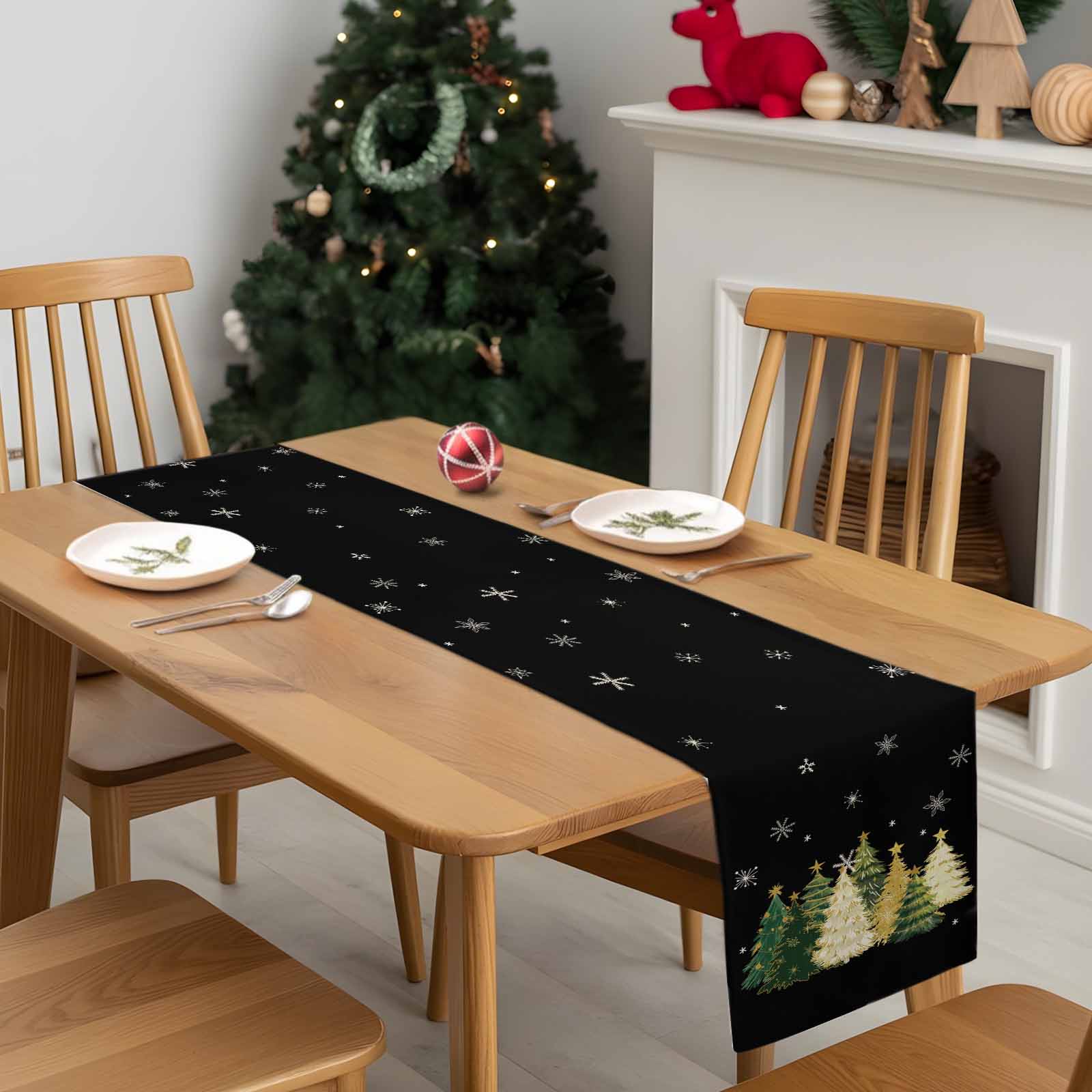 Black Christmas Tree Dresser Scarf Farmhouse, Dining Table Decorations for Wedding/Parties, Xmas Tree Winter Snowflake Table Runner 60 Inches Long for Kitchen Dining, 13 x 60 In