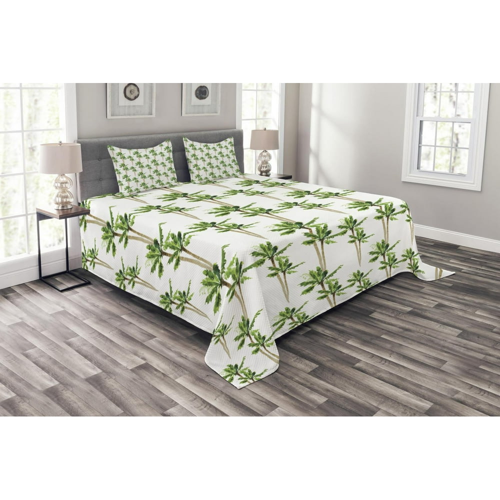 Palm Tree Bedspread Set Queen Size, Watercolor Style Forest Pattern of