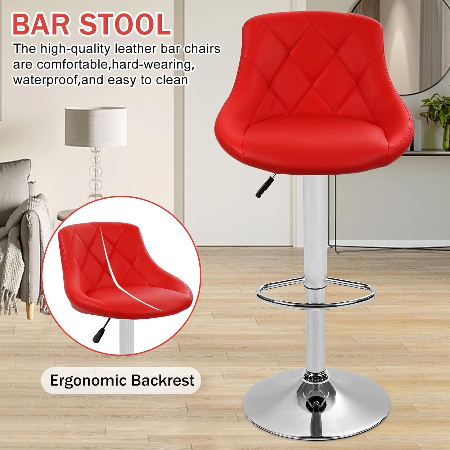Modern Bar Stools Set of 2 Counter Height Adjustable Bar Chairs with Back and Chrome Base PU Leather Barstools Island Chairs for Kitchen Living Room Pub Swivel Bar Stools (Red)