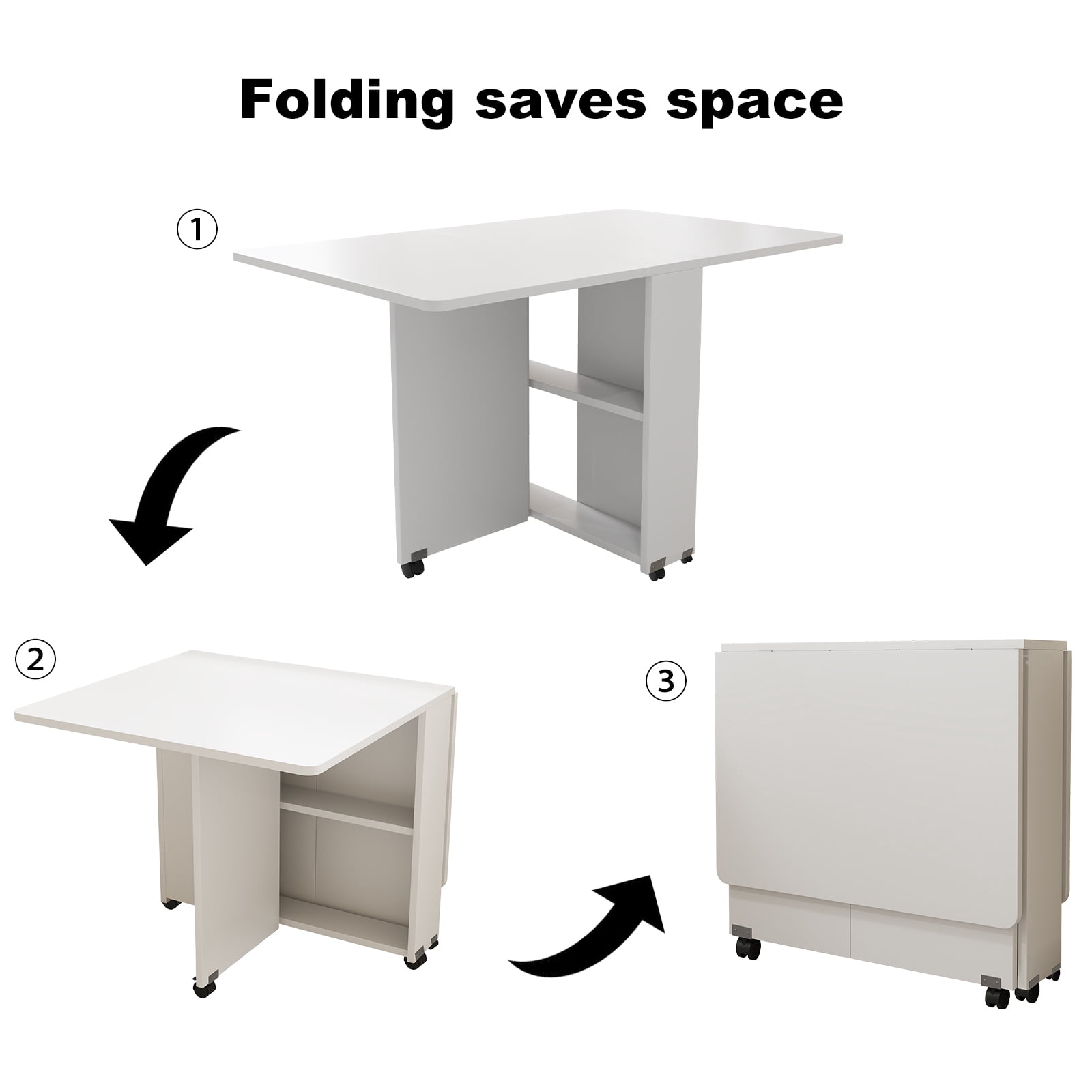 Folding Dining Table Drop Leaf Table with Wheels Space Saving Kitchen Table,&nbsp;with 6 Locking Wheels and 2 Storage Shelves, Extendable for Dining Desk and Console Use, White