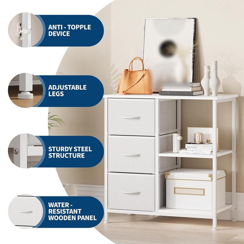 File Cabinet with 3 Drawers, Printer Stand with Open Shelves, Under Desk Storage Organizer for Home Office, Fabric Wood Top for Living Room