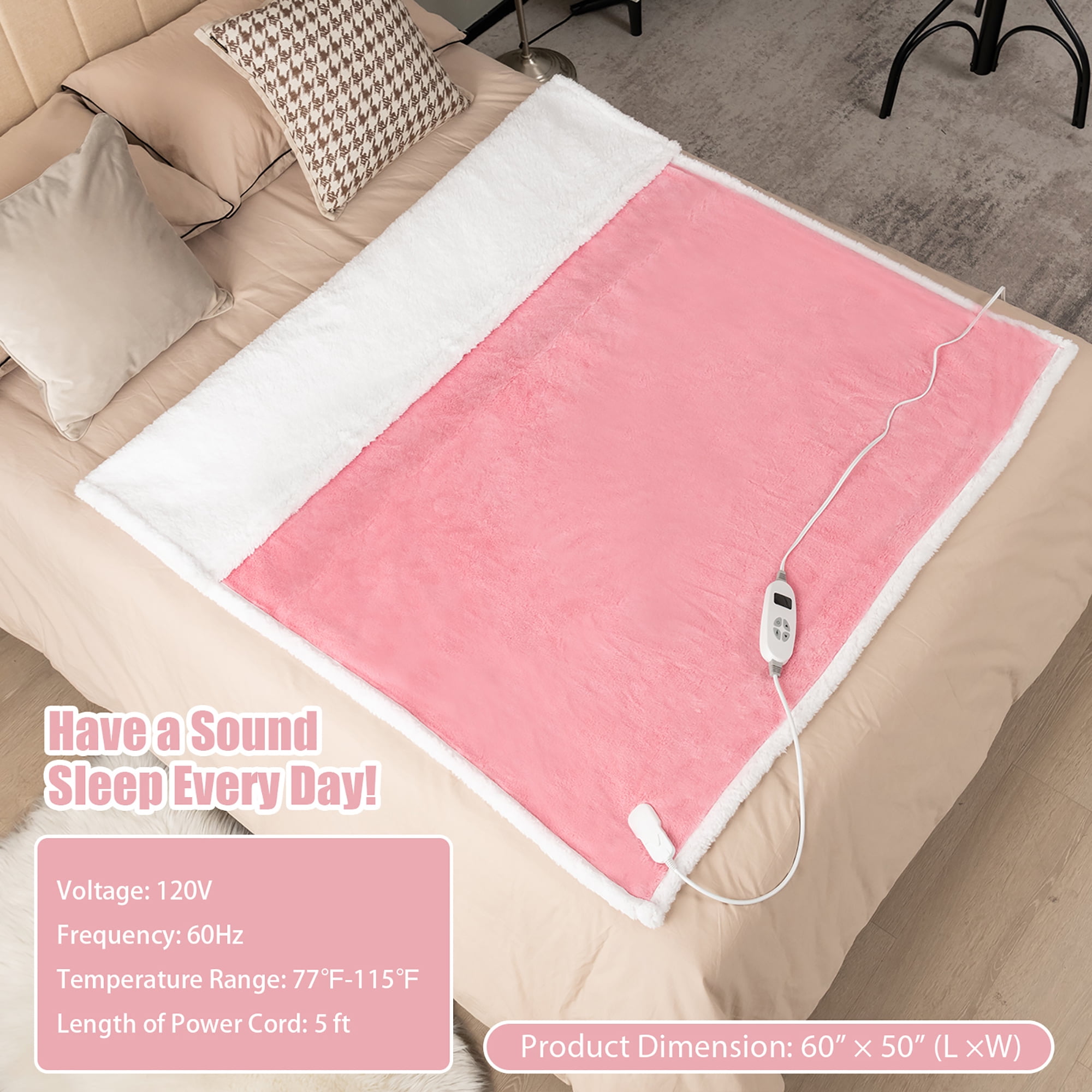 Costway 60''x50''  Heated Blanket Throw w/10 Heat & 9 Hours Time Settiings Pink