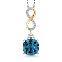 Gem Stone King 925 Silver and 10K Yellow Gold London Blue Topaz Moissanite and Lab Grown Diamond Pendant Necklace for Women | 9.03 Cttw | Gemstone Birthstone | Cushion 12MM | With 18 inch Chain