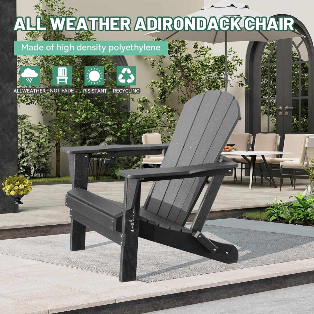Folding Adirondack Chair, All-Weather HDPE Lawn Chair with Cup Holder, Comfortable Outdoor Patio Chair for Deck, Porch, Backyard, Garden, Grey