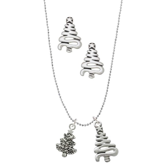 Delight Jewelry Silvertone Antiqued Christmas Tree Silver tone Zig Zag Christmas Tree Charm Necklace and Stud Earrings