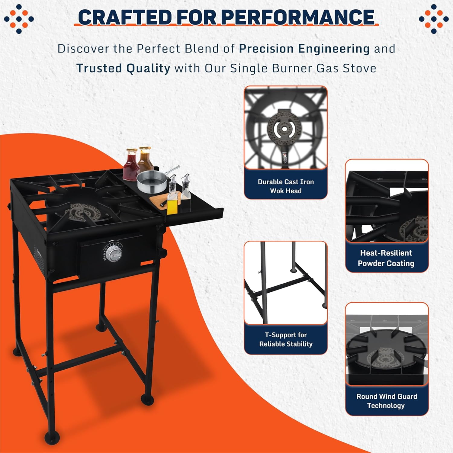 SONRET - Single Burner Propane Stove - 1,30,000 BTU - with Side Shelf , Regulator & Hose