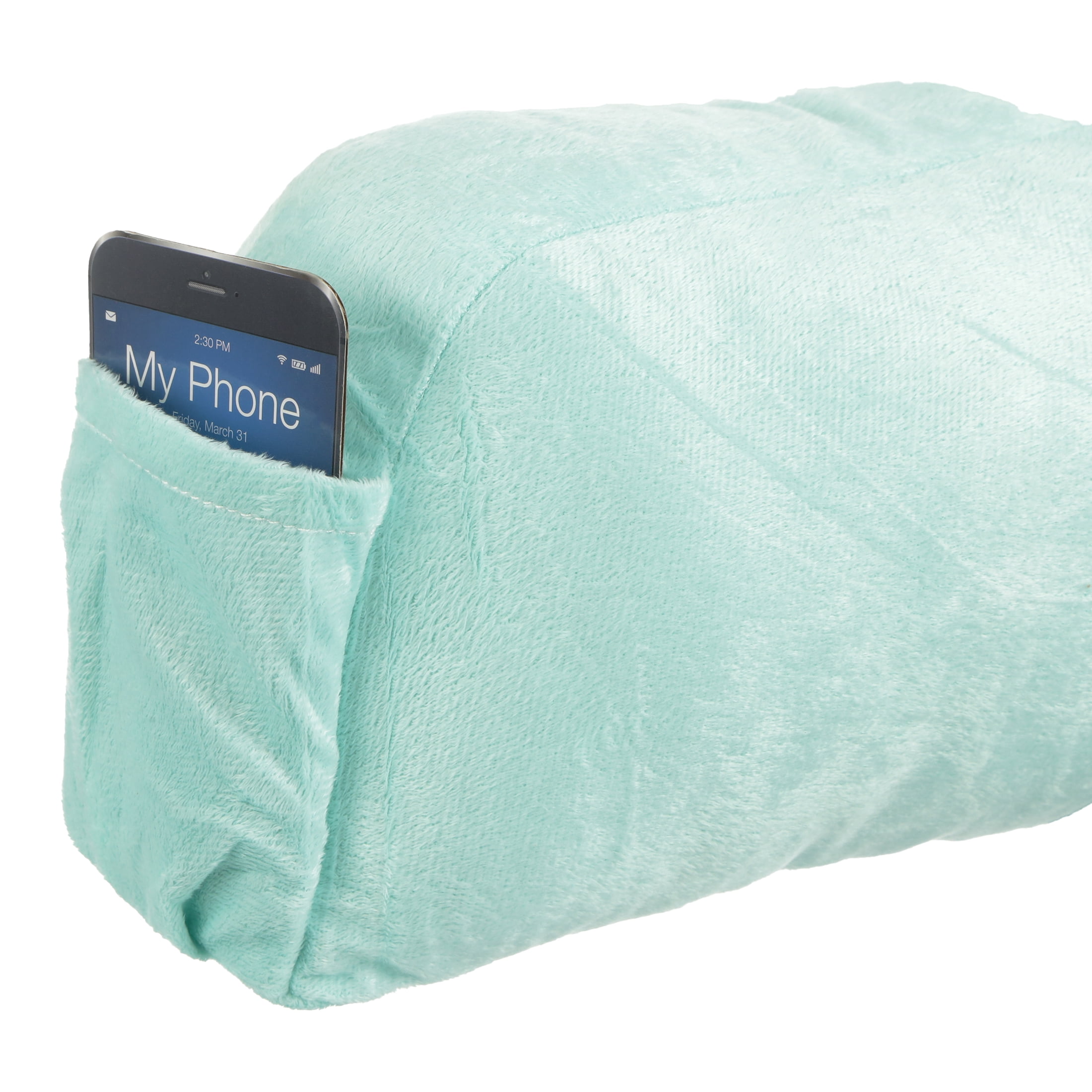 Mainstays Bed Rest Lounger Pillow -Faux Mink Fabric with Polyester Filling, 27" x 14" x 18", Solid Color Mint Green with Pocket