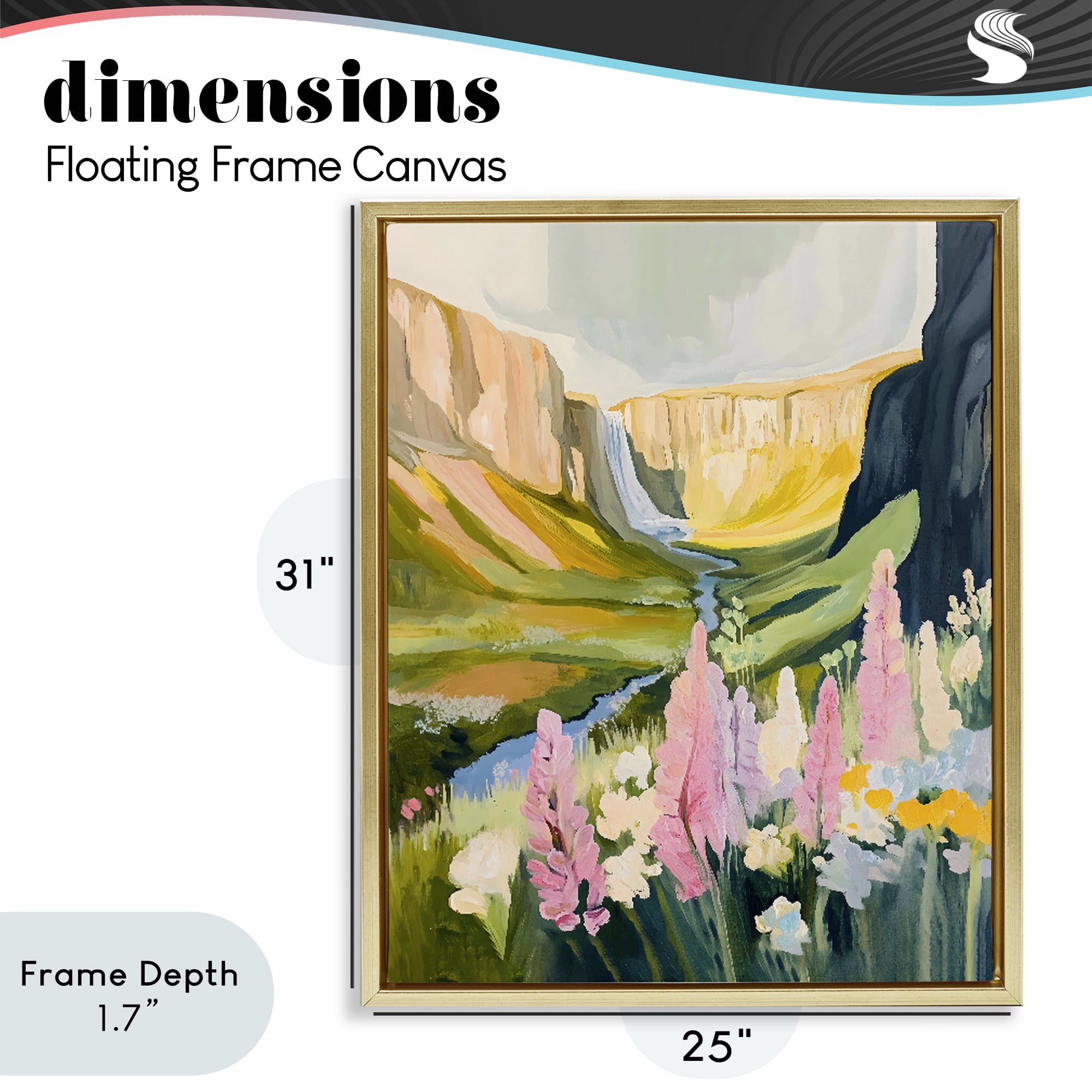 Stupell Industries Waterfall and Valley in Bloom Gold Framed Floater Canvas Wall Art, design by The Prints Vibe