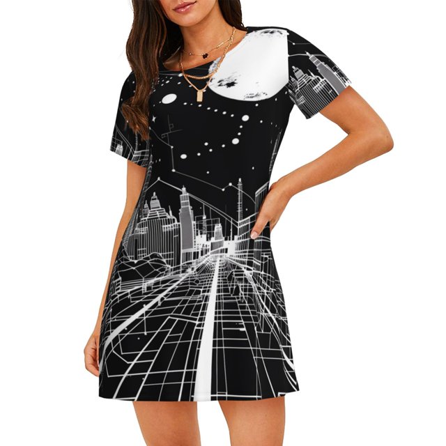 Easygdp Futuristic Moonlit Cityscape Camisón de manga corta para mujer, informal, estampado