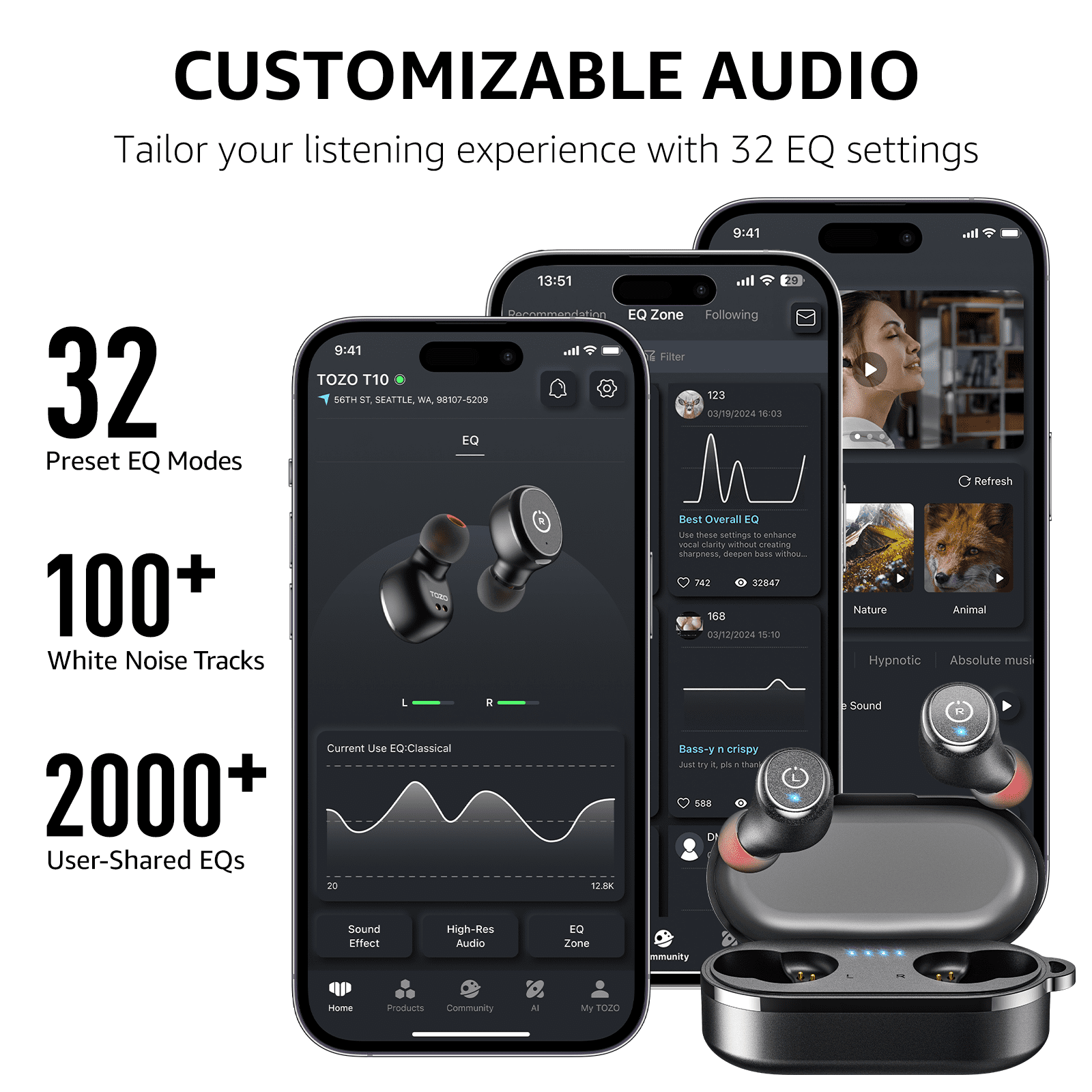 TOZO T10 Wireless Earbuds Bluetooth Headphones, 55H, Stereo Bass, App Customize 32 EQ, Wireless Charge, IPX8 Waterproof, 100+ White Noise Tracks, Ergonomic Design, Black