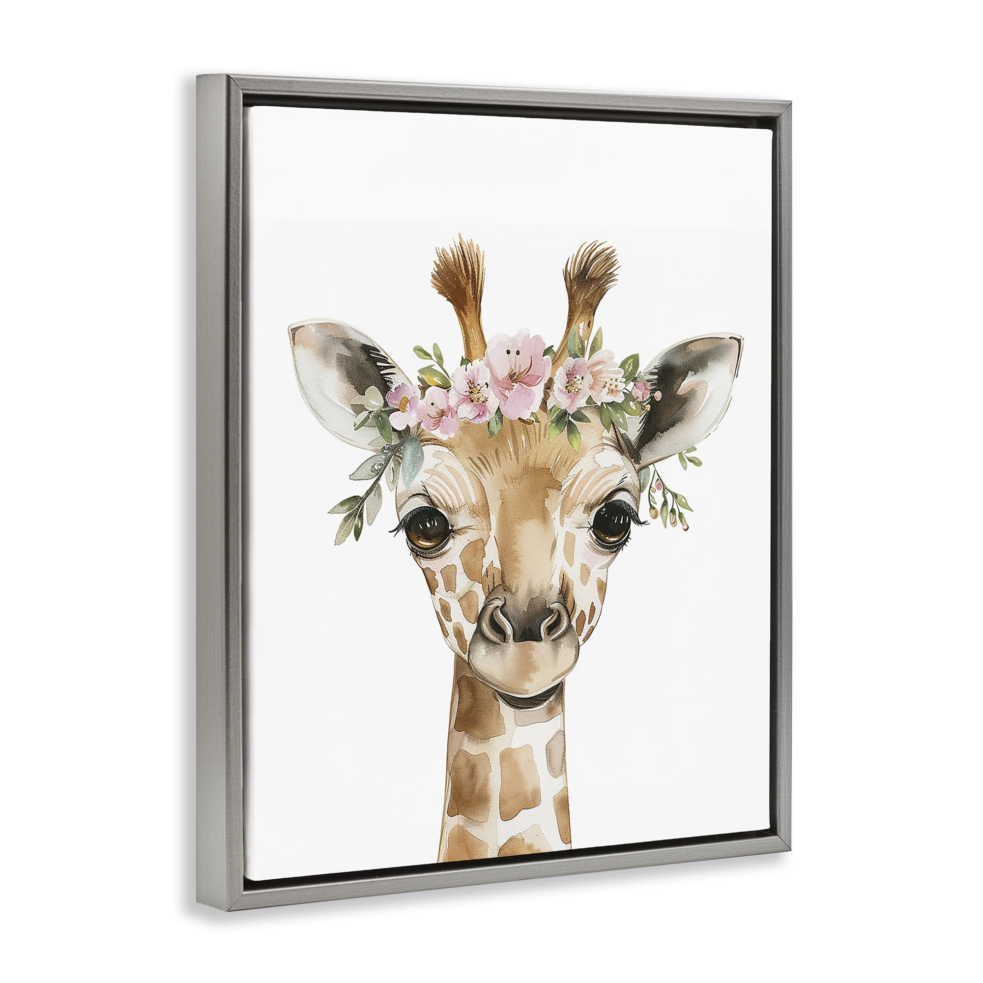 Stupell Industries Nursery Floral Giraffe Animals Painting Gray Floater Framed Canvas Art Print Wall Art, 25 x 31