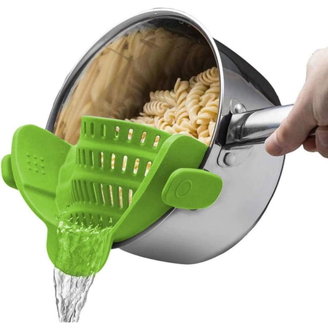 Colador de silicona con clip para ollas y sartenes, colador de alimentos de cocina, tamaño universal, escurridor resistente al calor para espaguetis, pasta, fideos y frutas - verde