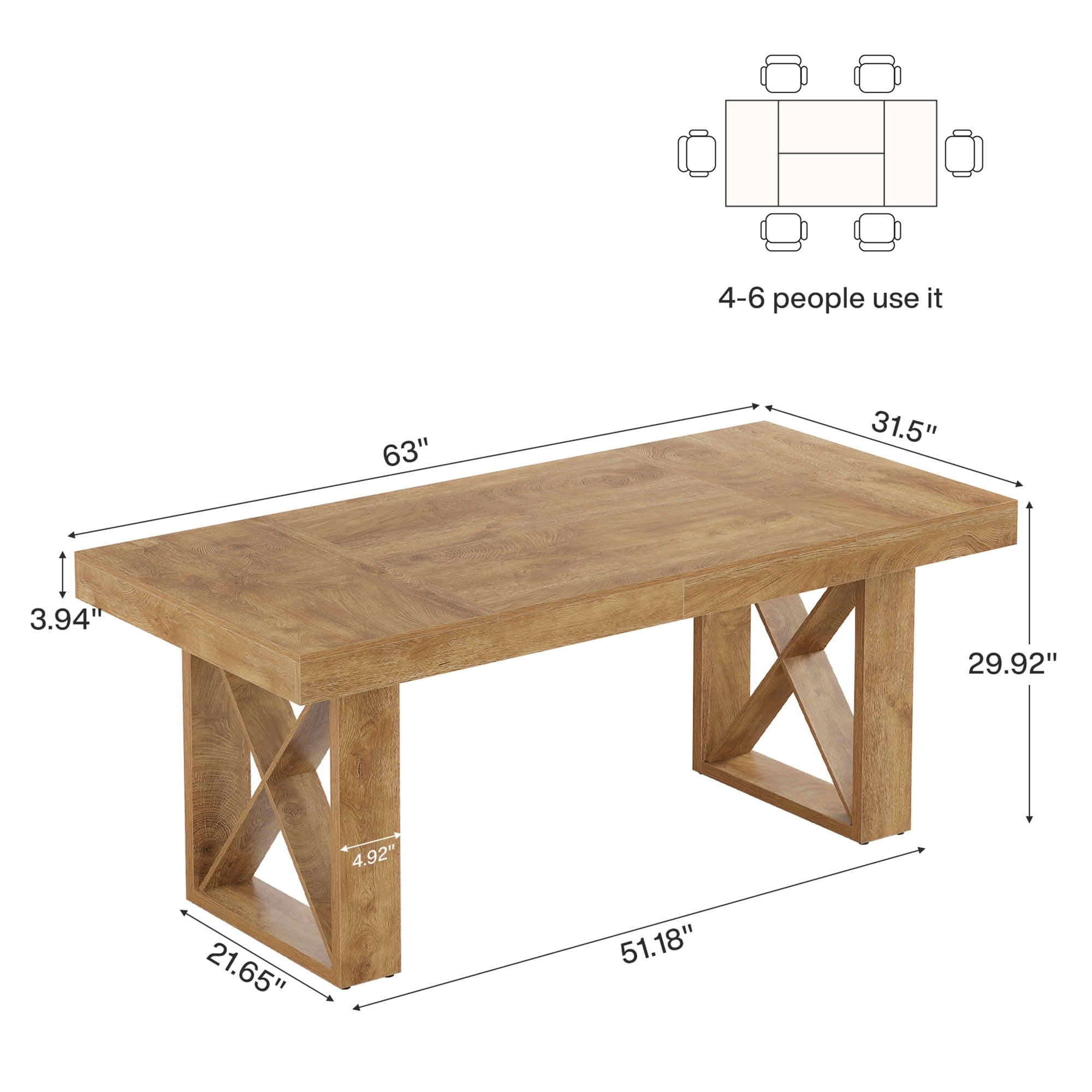 MAYEERTY 63 Inch Rectangular Farmhouse Dining Table, E1 Grade MDF Kitchen Dinner Table for 4 to 6 People