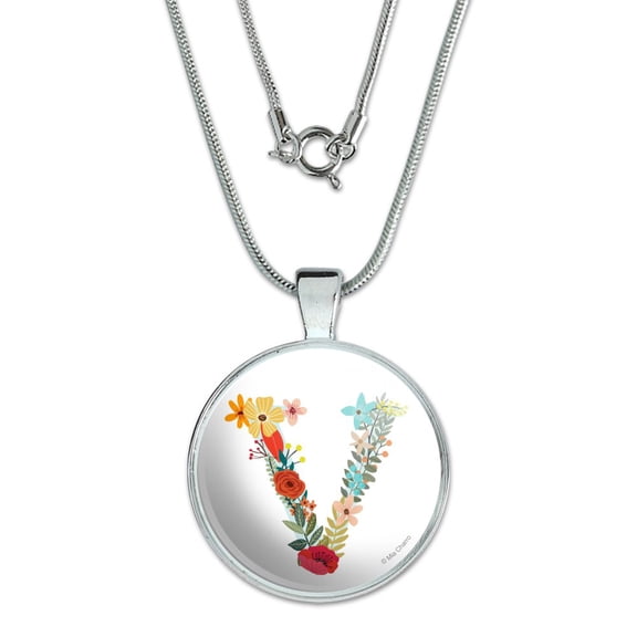 Letter V Floral Monogram Initial 1" Pendant with Sterling Silver Plated Chain
