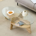 thumbnail image 3 of Noble House 41.3" Oval Glass Coffee Table,Fan-Shaped Bracket & Storage Layer,Natural Wood, 3 of 10