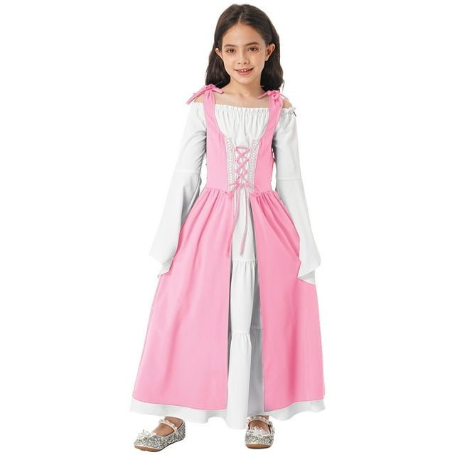 iiniim Costume de Princesse Médiévale pour Filles Enfants Robe de Fête Renaissance Gothique Épaules Dénudées Longue Robe Rose 12