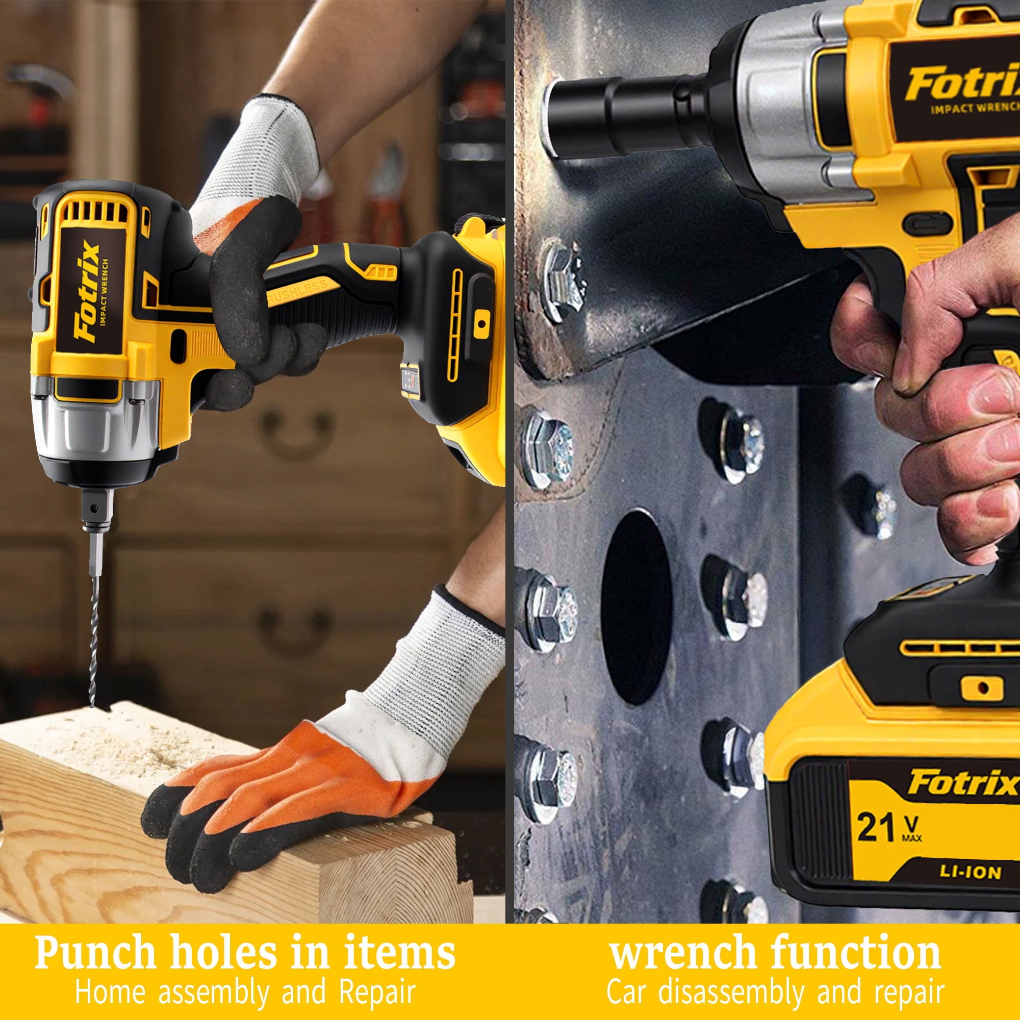 Fotrix 21V Brushless 1/2" Impact Wrench Kit, 3-in-1 Heavy Duty Drill & Driver, 4.0Ah Battery, Suitable For Home Repair, Cordless Impact Gun for Auto Repair, DIY Enthusiasts And Men