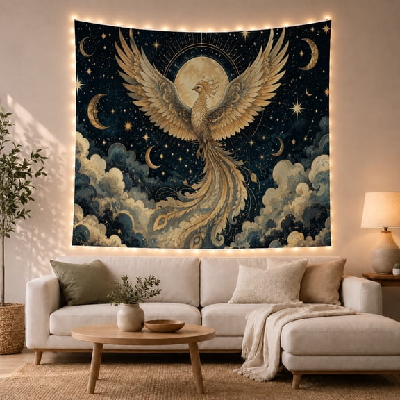 Celestial Phoenix with Full Moon on Starry Night Sky, Mystical Illustration for Dark Academia Fans, Mythical Bird Art Decor, Halloween Gift Tapestry Wall Hanging for Bedroom and Living Room