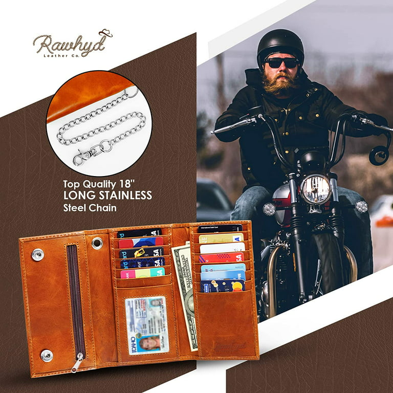 Biker Wallets for Men with Chain - Brown Leather Wallet w/ 12 Credit Card Slots, Money Sleeve, & Zippered Pocket – 100% Leather Slim Trifold Wallets