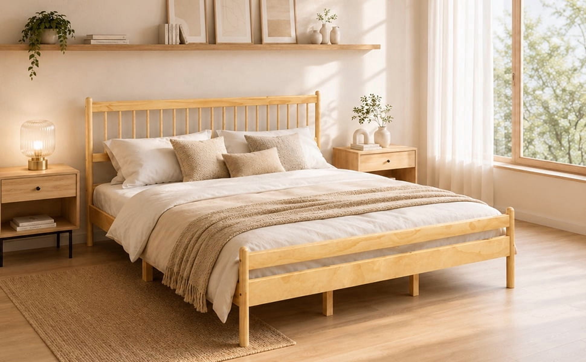 Mintazer Traditional King Size Platform Bed with Headboard and Footboard, Vintage Headboard Bed Frame for Bedroom, Natural