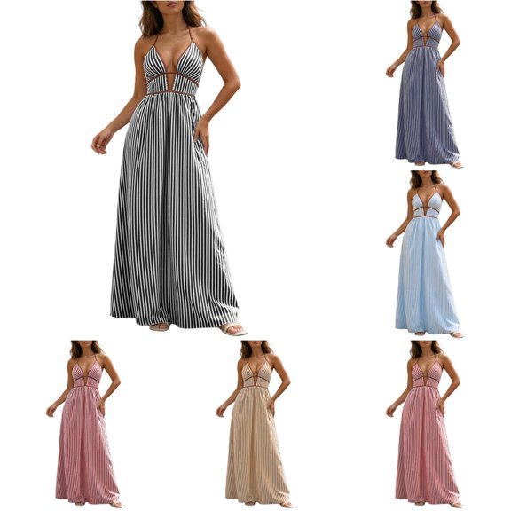 Wxolcjlv Women Stripe Print Maxi Dress Halter Deep V Neck Casual Beach Vacation Summer Long Dress