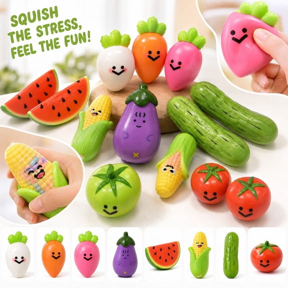 Kiddiway Squishy Fruit Veggie Stress Toy - PU Soft Squishy for Desk Stress Relief, Travel Fun and Tactile Play