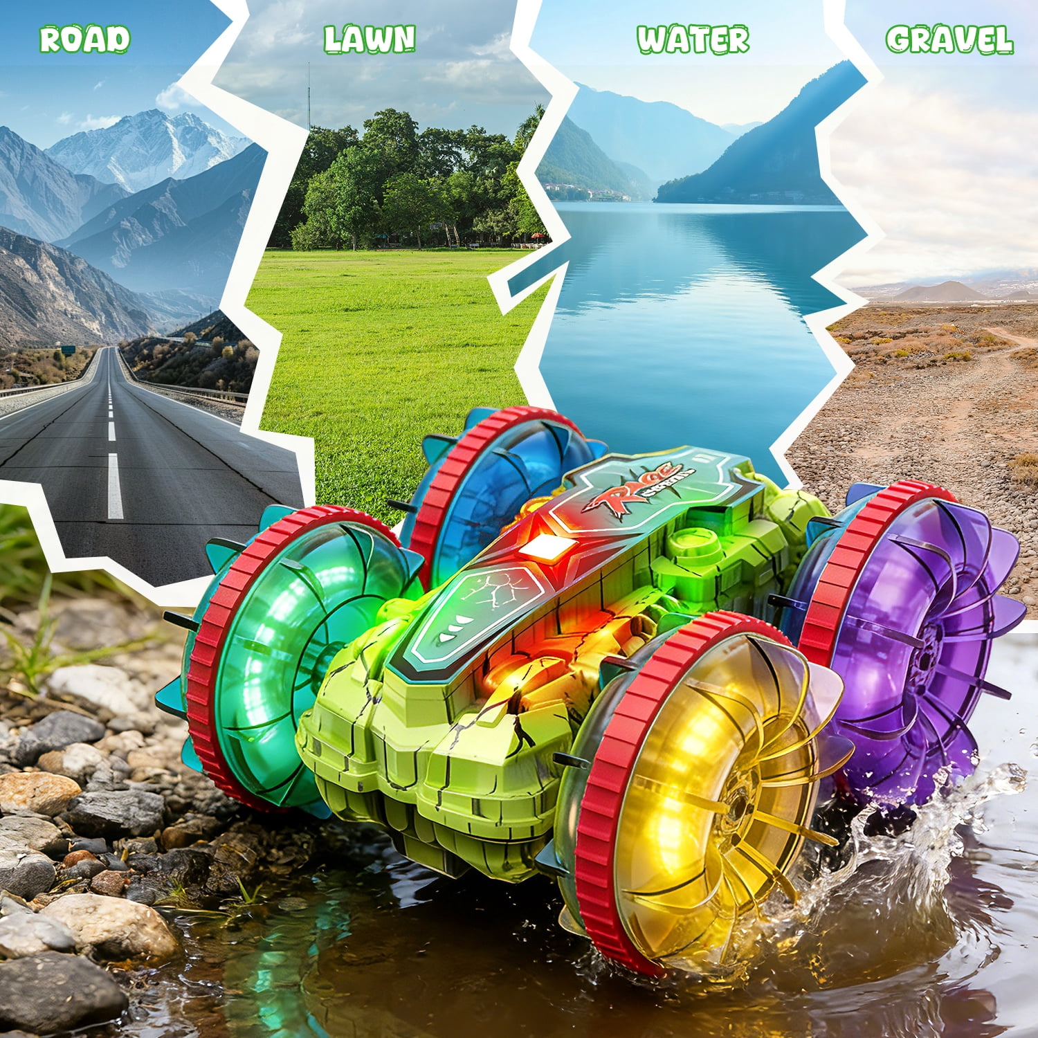 JoyStone Amphibious RC Car for Kids, 4WD Waterproof All Terrain Remote Control Stunt Truck with Double-Sided Driving, LED Light-Up Wheels, 2 Batteries, Green