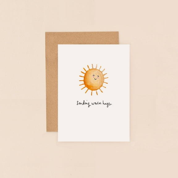 Sending Warm Hugs Greeting Card – Cute Sun Illustration with Heartwarming Message – Blank Inside for Personal Touch – Perfect for Any Occasion
