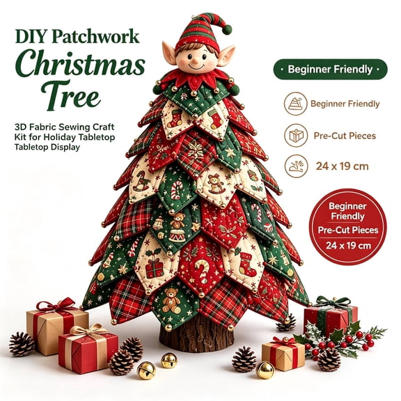 DIY Quilted Christmas Tree Kit Complete Sewing Set with Pattern Instructions, Beginner Friendly Fabric Craft for Adults Teens