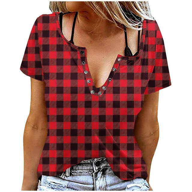 Liquidation d'Économies! Hauts pour Femmes Grande Taille, Blouse d'Été à Manches Courtes pour Femmes, T-shirt Blouse à Col Rond à Boutons Imprimé à Manches Courtes pour Femmes