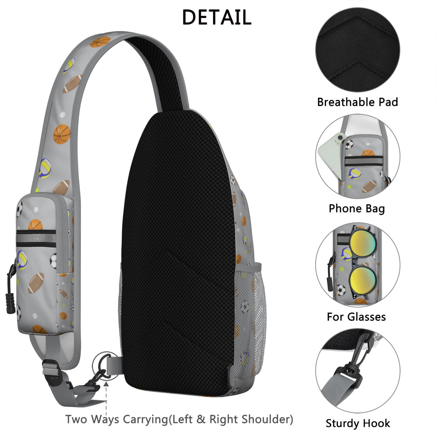 Sports Print Sling Backpack with Baseball, Football, and Soccer Themes – Water-Resistant Crossbody Bag with Anti-Theft Pocket, Large Storage Compartments, Adjustable Strap, Ideal for Boys