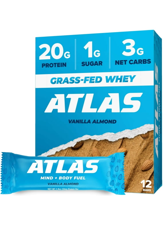 Atlas Protein Bar, 20g Protein, 1g Sugar, Clean Ingredients, Gluten Free, Vanilla Almond, 12 Count