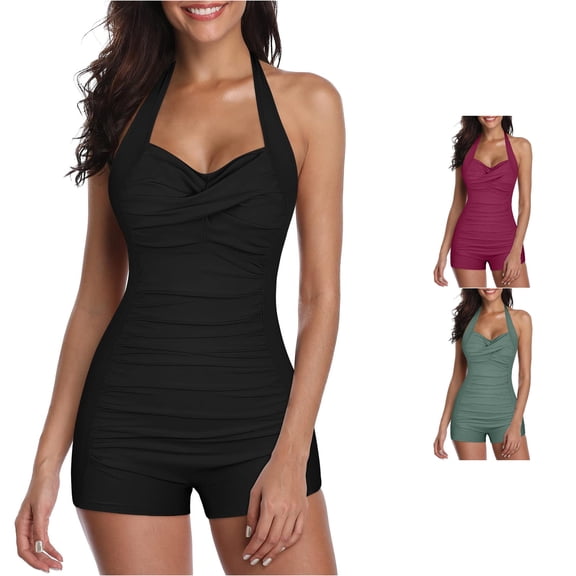 FINALGANG Womens Sweetheart Halter Neck Solid Color Full Ruched One Piece Boy Short Swimsuit Tummy Control Swim Romper Basic Swimwear For Water Workout Fashion Swimwear S