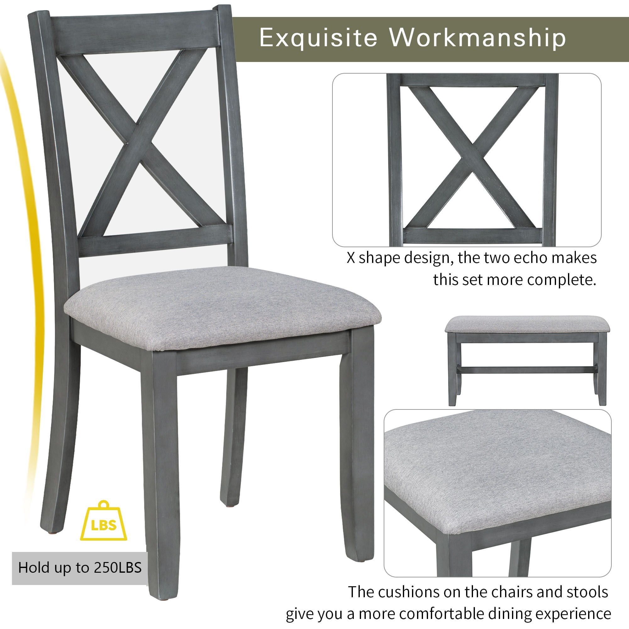 Howcool 6-Piece Solid Wood Dining Set, Space Saving Foldable Table, 4 Chairs & Bench, Gray