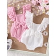 thumbnail image 4 of Aojekbee Infant Baby Girl Summer Romper Solid Color Flower Flying Sleeve Scoop Neck Bow Jumpsuit, 4 of 10