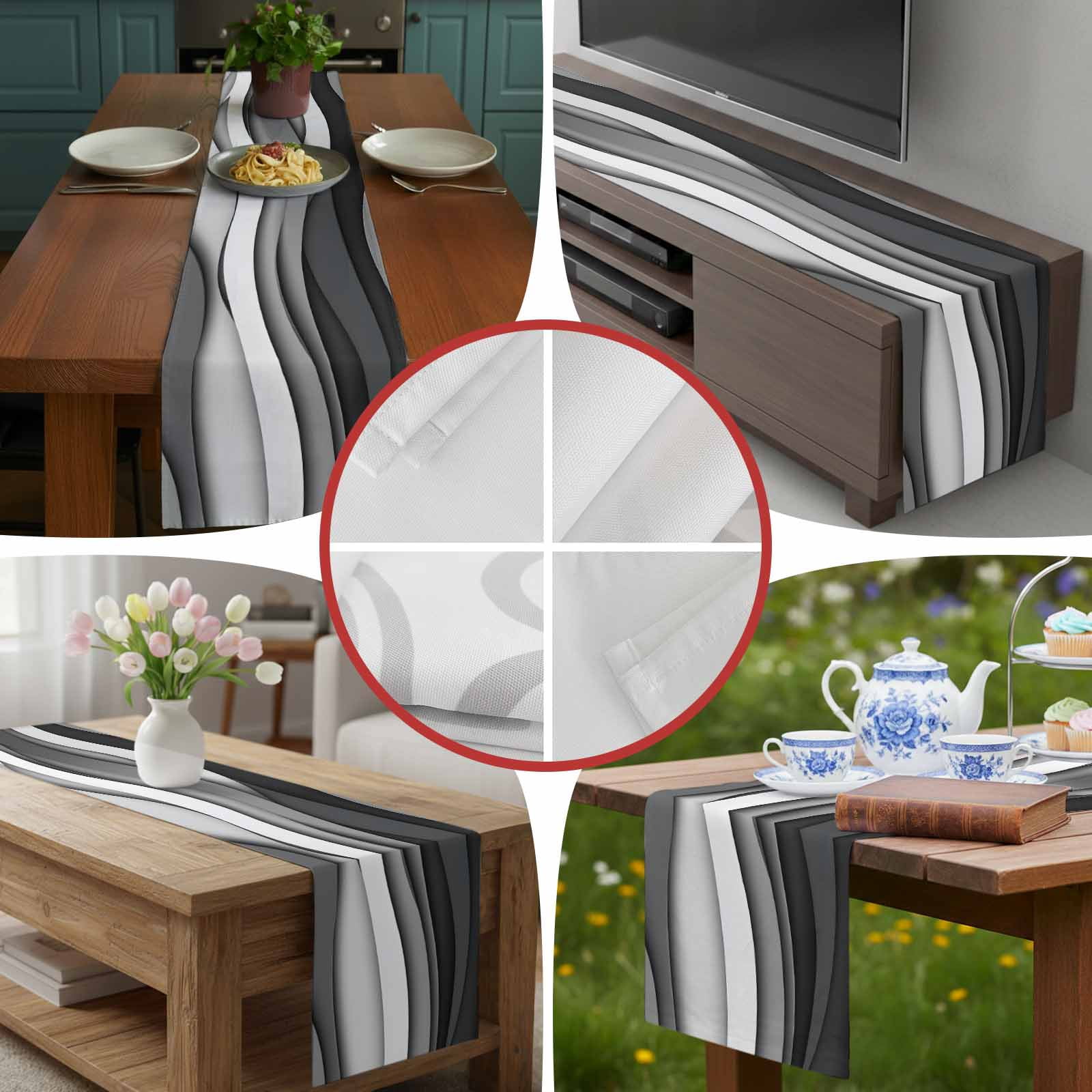 Gray Gradient Abstract Geometric Table Runner 90 Inches Long, Water Ripples Table Runners Tabletop Scarf Kitchen Dining Tables Decoration for Home Party Indoor Outdoor